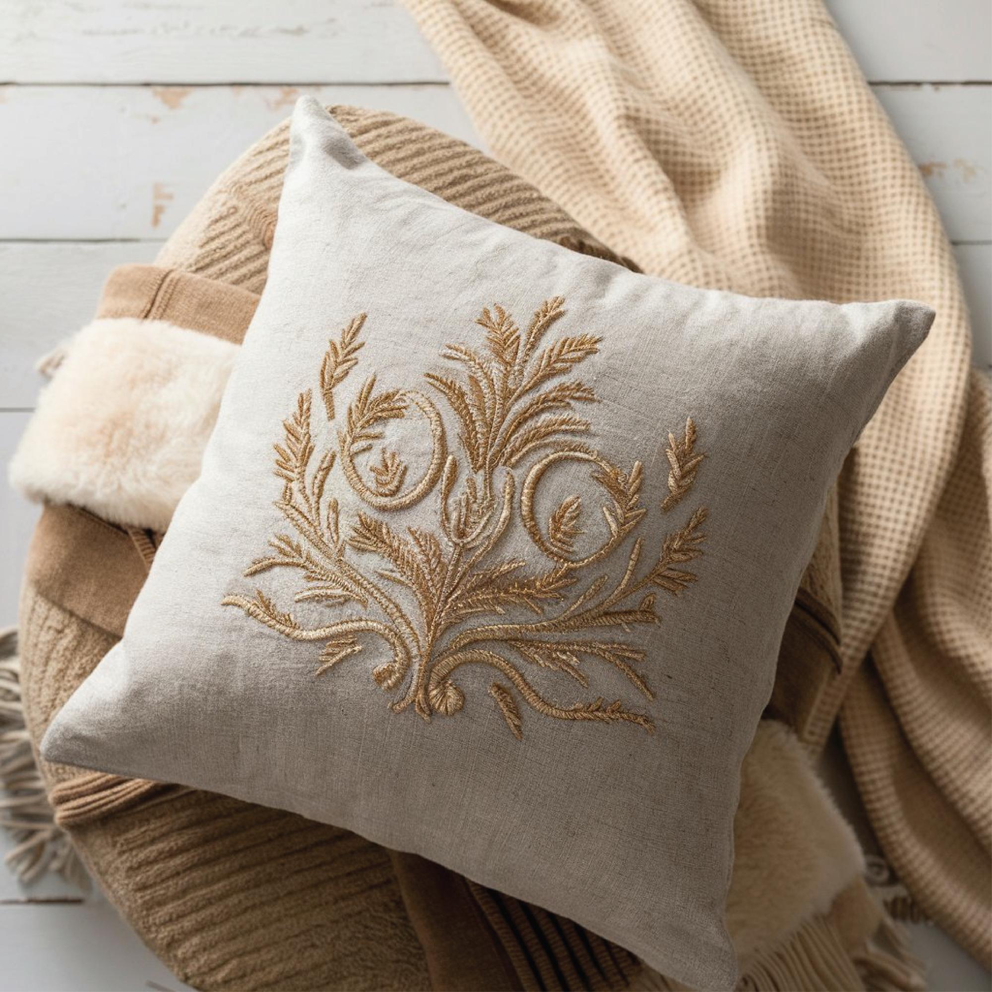 linen cushion with precise embroidered monogram